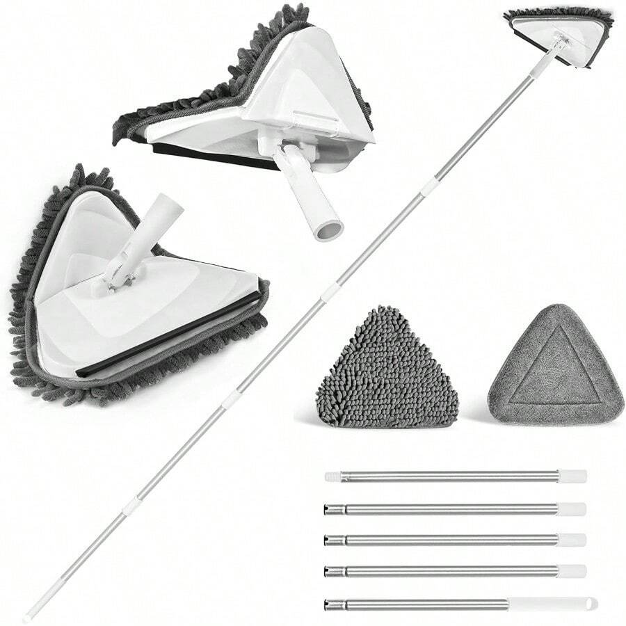 Tile And Wall Mop, Upgraded Triangle Ceiling Mop With 360° Rotation, Microfiber Mop Extendable Up To 202cm, Floor Mop For High Windows (White)
