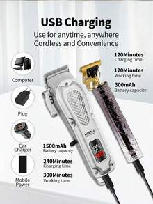 HIENA 2pcs/Set Men's Haircut & Trimming Combo, T9 Blade, Digital Display Electric Hair Clipper, Integrated Tool Kit, Suitable For Home Use (Single Hair Clipper Also Available) - Silver - View 7