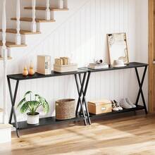 Mesa de entrada, mesa de exhibición industrial de dos niveles con estantes, mesa estrecha para pasillo, vestíbulo, sala de estar, dormitorio - Negro - Ver 6