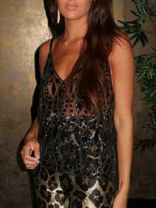 Women Semi See Through Sparkly Tank Top Sleeveless V Neck Floral Sequin Camisole Dance Rave Outfits - 黑色2 - 查看 5
