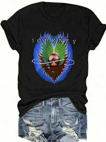 Angel Print Fashion Summer Short Sleeve T-Shirt Bad INFLUENCE TRUST NO ONE BELIEVE IN YOURSELF Graphic Tees Women Tops - 黑色 - 查看 1