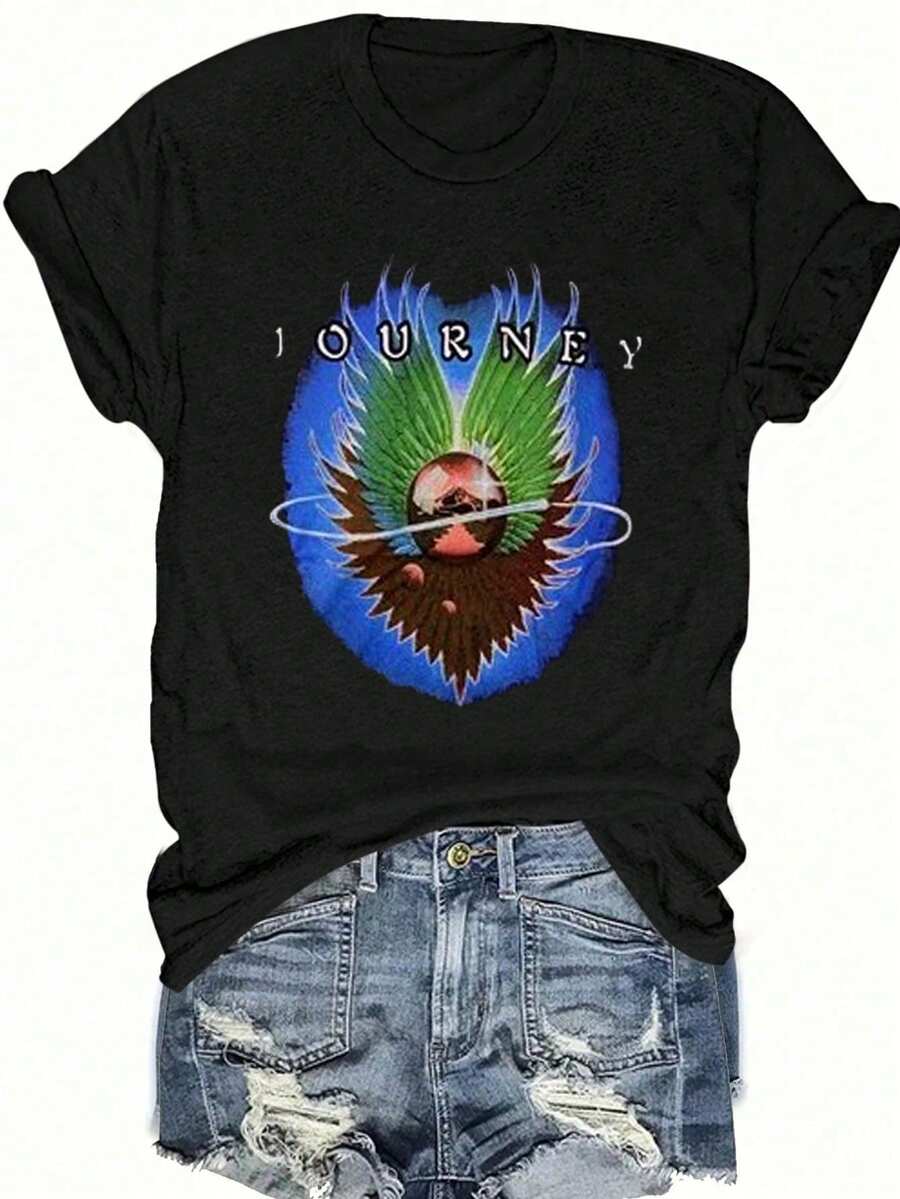 Angel Print Fashion Summer Short Sleeve T-Shirt Bad INFLUENCE TRUST NO ONE BELIEVE IN YOURSELF Graphic Tees Women Tops - 黑色 - 查看 1