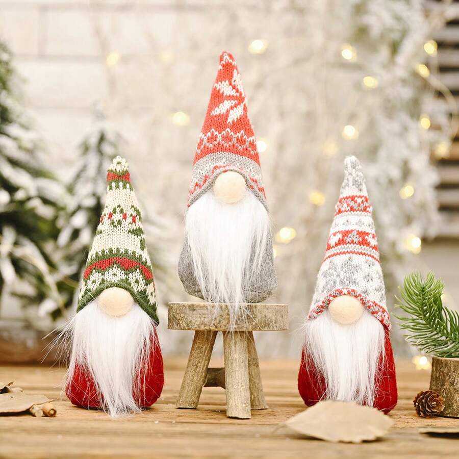 1pc Christmas Decoration Snowflake Knitted Hat Forest Gnome Figurine, Creative New Faceless Doll - Multicolor - View 1