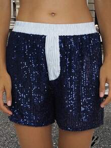 Women's Pajama Shorts Sparkly Sequined Striped Trim Low Rise Sleep Shorts For Summer