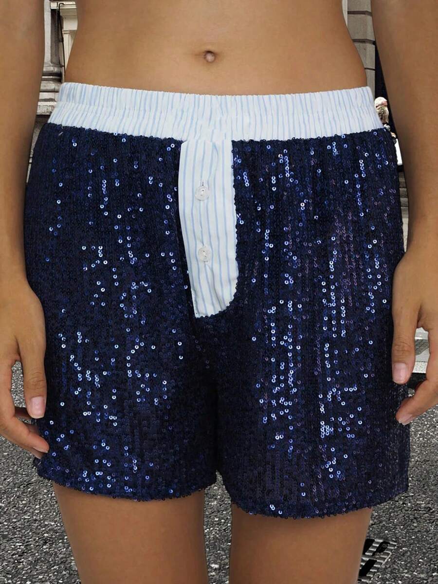 Women's Pajama Shorts Sparkly Sequined Striped Trim Low Rise Sleep Shorts For Summer