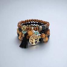 4pcs Black Tree Of Life Beads Bracelet Bohemian Style Multilayer Wood Beads Beaded Bracelet Stretch Bracelet Hand Jewelry - màu đen - Xem 1