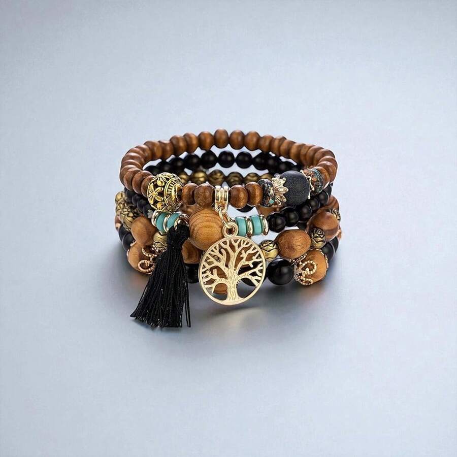 4pcs Black Tree Of Life Beads Bracelet Bohemian Style Multilayer Wood Beads Beaded Bracelet Stretch Bracelet Hand Jewelry - màu đen - Xem 1