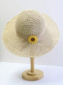 1 件女士手工编织纯色夏季太阳帽，防紫外线镂空草帽，日常旅行沙滩渔夫帽