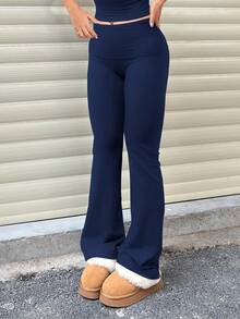 2pcs/Set Trouser Style Yoga Pants For Women Elastic Waist Gym Workout Flare Leggings Casual High Waisted Bootcut Yoga Pants - 藏藍色+黑色 - 查看 4