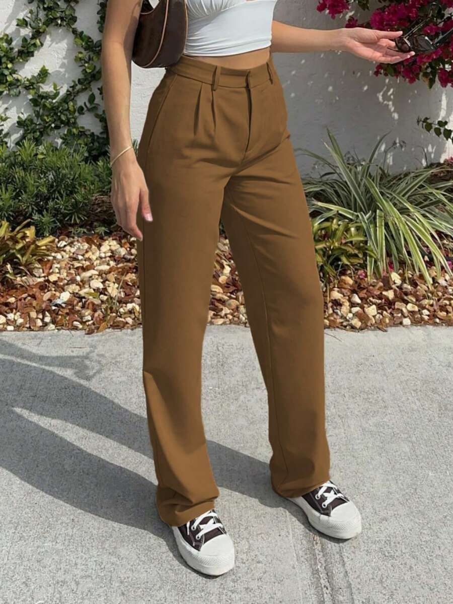 MYOURSA Women's Casual Brown Front Pleated Straight Leg Slim Fit Pants - Brown - View 1