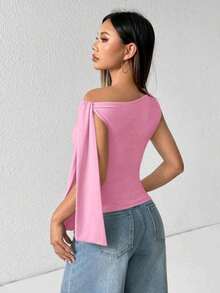 Elegant Suplex T-Shirt Top With Asymmetrical Shoulders And Straps, Ideal For Daily Use, Outings, Nightclubs, Parties, Halloween Costumes - 粉色 - 查看 4