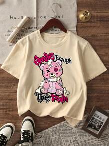 1 pieza Camiseta corta de manga corta con cuello redondo y estampado de letras casual para niñas, camiseta de estilo minimalista de letra inglesa para estudiantes de verano - Imaginación y autoexpresión