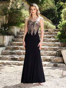 MisShow Women's Lace Applique Long Formal Mermaid Evening Prom Dresses - màu đen - Xem 4