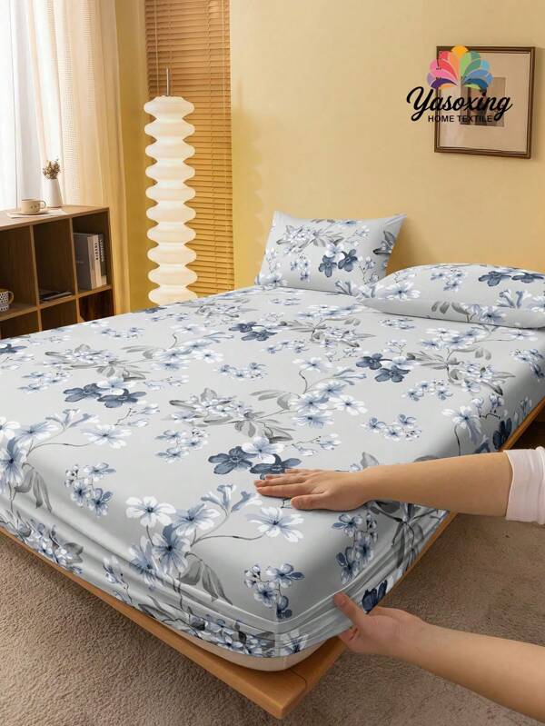2/3pcs /Set Grey Botanical Flower Pattern Fitted Sheet Set Without Filler, Fitted Sheet Set For Bedroom Brushed Microfiber Breathable Comfortable 1pc Mattress Cover With 1/2pcs Pillowcase, Bed Cover Set King Queen Full Twin Size Fitted Sheet Set For Bedroom Brushed Microfiber Breathable Comfortable Sheet Bedspread Deep Pocket Up To 11.8 Inch Breathable Wrinkle-Free Better For Sleep, Machine Washable Domitory Bedding Back School Bedding