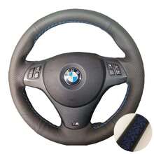 Volante de coche de cuero negro completo, funda de cuero suave trenzada para BMW E81 E90 Pack M Sport M3 E91 E92 E93 E87 E82 E88 X1 E84 - Tres hilos - Ver 9