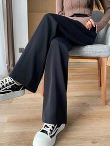 修身直筒正装裤，纯色，带口袋，纽扣和拉链开合 - 黑色 - 查看 3