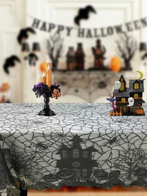 1 pieza Mantel de encaje con telaraña negra de estilo europeo y americano para Halloween, mantel con diseño de fantasma, calavera y calabaza de castillo de moda