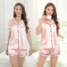 Silk Pajamas For Women Satin Womens Pajama Sets Short Sleeve Lounge Set 2-Piece Sleepwear Button-Down PJ Set Halloween Christmas New Year - 黑色 - 查看 9