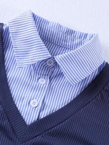 2pcs Girls Casual Bow Embroidery Striped Shirt And Wide Leg Pants Set, Spring/Autumn