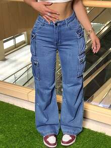 Women's Fashionable And Casual Loose Straight Leg Workwear Jeans, Paired With Multiple Pocket Decorations, Mid Waist Non Elastic, Suitable For All Seasons, Minimalist Women's Clothing, Suitable For Parties, Banquets/Dances, Parties, Birthday Parties, Cocktail Parties, Nightclubs, Nightclubs, Concerts, Music Festivals,Pantalón Jean Mujer,Women Clothes,Jeans Para Mujer,Pantalones De Mujer Jean,Ropa De Mujer,Tall Jeans Women,Y2k Clothes,Going Out Outfits,Holiday Outfits For Women,Vacation Outfits Women,Club Outfits For Women,New Years Outfit Women,Holiday Outfits For Women - 深色水洗藍 - 查看 5