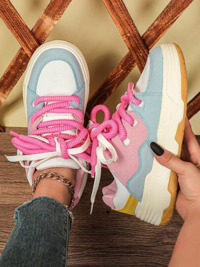 Powder Blue & Pink Dopamine Fashionable Casual Outdoor Skateboard Shoes, Unique Double Shoelaces Women's Platform Sneakers, Suitable For Travel, Party, Back To School, Versatile Sports Shoes