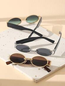 3pcs Plastic & Metal Multicolor Oval Full Frame Decorative Personalized Design Versatile Women's Fashion Glasses, Suitable For Summer Driving, Street Photography, Music Festivals, Carnivals And Other Fashionable Accessories - 3pcs Gold, Silver, Tea, Gray and Green Combination - View 5