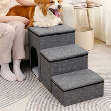 Una escalera para mascotas para perros pequeños con espacio de almacenamiento, cama alta ajustable y escalones de sofá, una rampa para mascotas para perros pequeños y gatos, 3 niveles en gris. - Gris - Ver 10