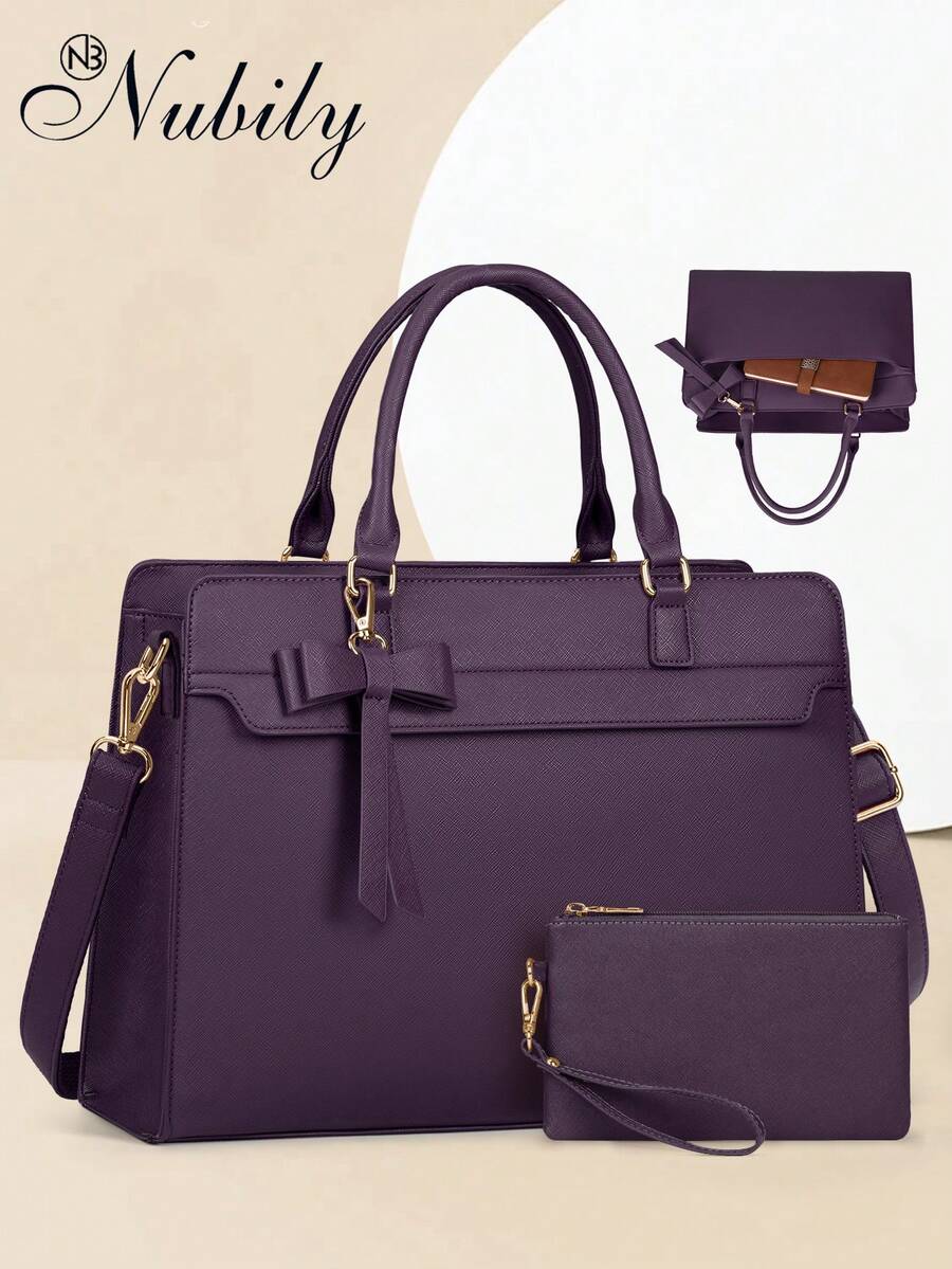 NUBILY 15.6 Inch Leather Laptop Tote Bag For Women - Waterproof Business Briefcase & Satchel Purse 2-Piece Set | Large Capacity Computer Work Bag For Office Professionals - Màu tím - Xem 1