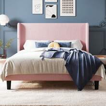 Allewie Full/Queen/King Size Bed Frame With Upholstered Wingback Headboard, Vertical Channel Tufted Corduroy Velvet Platform Bed, Strong Wooden Slats Support, No Box Spring Needed, Easy Assembly, Pink - Pink - View 2