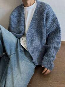 BAI YUE 男士复古休闲高端 V 领宽松常规版型针织开衫毛衣外套，秋冬 - 藍色 - 查看 10
