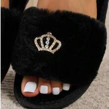Premium Fashion Crown Decor Plush Slippers, Soft & Comfortable For Women, Suitable For Living Room And Bedroom, All Season