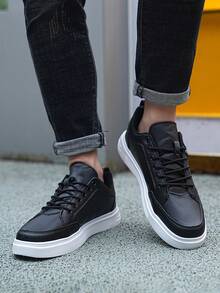 ​Men's Black & White Leather Sport Sneakers - Chunky Sole Everyday Shoes For Street Style, Year-Round Lightweight Wear​ - 黑色 - 查看 5