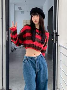 Women's Striped Knit Sweater, Long Sleeve Loose Cropped Top, Autumn/Winter