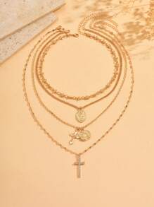 4pcs/Set Vintage Metal Jesus Cross Necklace, Multilayer Design Jewelry Set For Women, Suitable For Daily Wear, Travel, Party, Music Festival - Multicolor - View 2