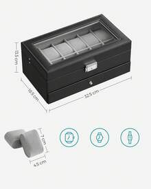 Watch Box, Watch Case With Glass Lid, 2-Tier Watch Display Case For 12 Watches, Lockable, 1 Drawer, For Rings, Bracelets, Gift Idea, Black Coating And Grey Lining - Black + Grey - View 5