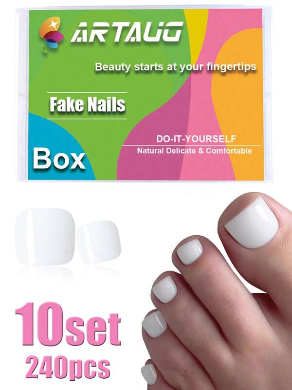 240PCS/10 Set White Press On Toe Nails Glossy, Short Square Fake Toe Nails Full Cover, Acrylic False Toenails For Feet, Red Black Color Fake Toenails For Women Decor