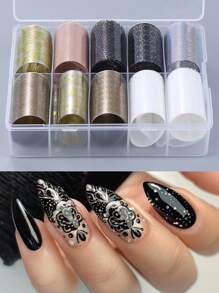 10卷/盒金属波西米亚指甲转印箔烫金银玫瑰金白黑蕾丝曼陀罗花蝴蝶图案星空纸贴纸贴花DIY奢华全息Y2K沙龙美甲设计美甲装饰配件美甲用品 - 彩色 - 查看 2