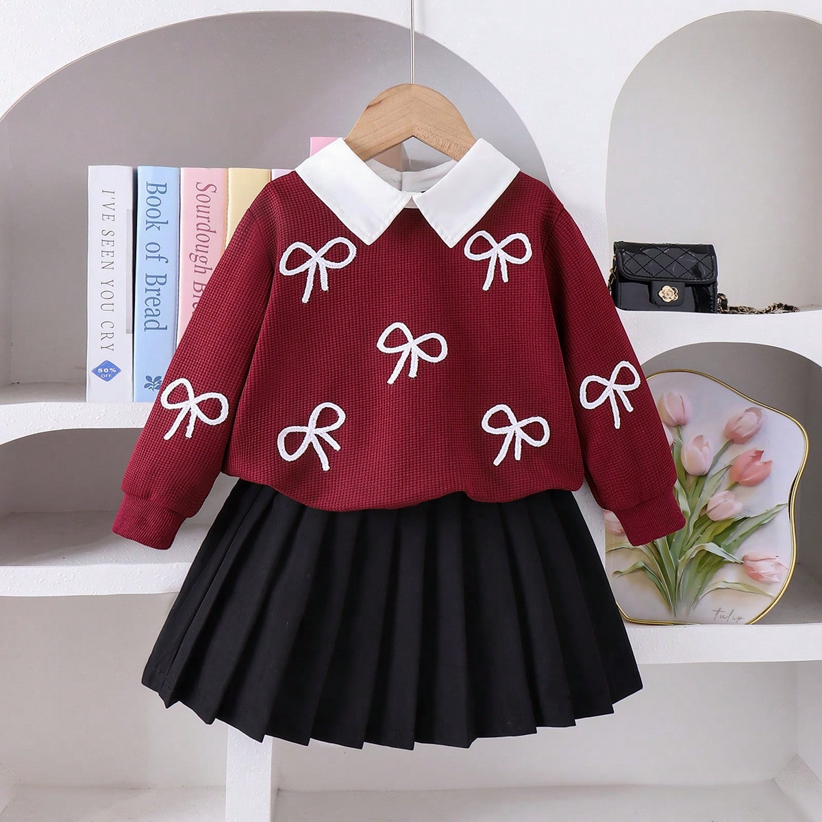 Conjunto de 2 piezas de blusa de manga larga con cuello bordado con moño y falda plisada para niñas jóvenes, para primavera/otoño