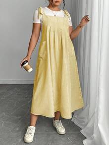 Plus Size Women Striped Dual Pocket Casual Loose Strap Dress Maxi Women Outfit - Yellow - View 5