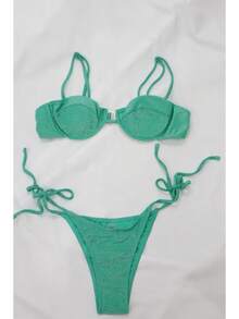 Nuevo bikini verde brillante con lados sexy, bikini triángulo de cintura baja con pedrería, estilo hawaiano con tirantes ajustables, bikini vibrante - Verde esmeralda - Ver 5