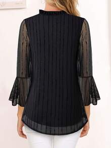 CheersLife Women's Fashion Double-Layer Mesh Blouse, 3/4 Ruffle Flare Sleeve Shirt - Black - View 4