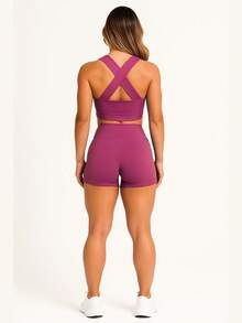 AKORIO MODAS Women's Fitness Fashion Top And Short Set Yoga Running A11 - Rosa - 查看 2