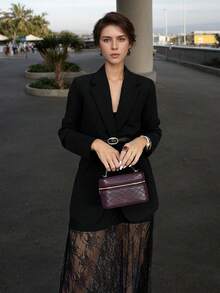 1 Set Women's Solid Color Button Blazer & Lace Skirt Suit Set, Casual Autumn/Winter