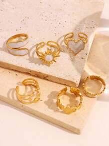 6pcs/Set Fashionable, Elegant, Unique, Exquisite, Luxury, Versatile, Charming Heart, Sun, Moon, Sunflower, Geometric Asymmetrical Glitter Drip Oil Rings Set, Suitable For Daily Wear, Festivals, Parties, Business Formal Events