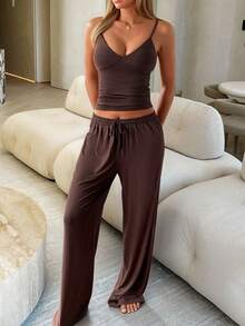 GAOVOT Women's Two Pieces Autumn Sexy Casual Deep V Halter Top And Loose Straight Pantsuit