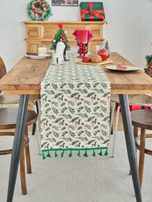 1pc Vintage American Style Pine Branch Printed Table Runner, Gold Foil Decor, Suitable For Christmas Party, Kitchen, Home Decor - Multicolor - View 4