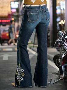Embroidered Flare Jeans - Dark Wash Denim Bell Bottom Pants, Boho Western Style, Great For Country Concert & Cruise Outfits - 深藍色 - 查看 1
