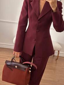2pcs Elegant Basic Slim Fit Business Commute Suit Set: Tailored Long Sleeve Jacket + 7/8 Length Pants