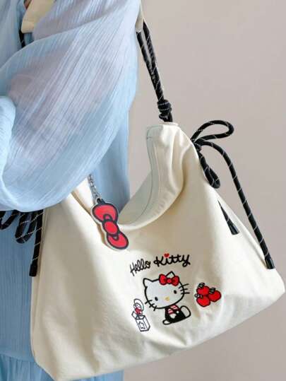 Bolso de mano bordado de Hello Kitty, edición limitada de verano 2025, bolso de hombro japonés lindo y de gran capacidad, bolso de compras impermeable para mujeres