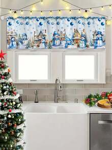 Cortina con tema navideño de 45*140cm, decoración de ventana - Cortina con patrón de pueblo nevado y muñeco de nieve de Navidad azul con bolsillo para barra, adecuada para cocina, dormitorio, oficina y decoración de sala de estar, material de poliéster, decoración navideña para todo el año